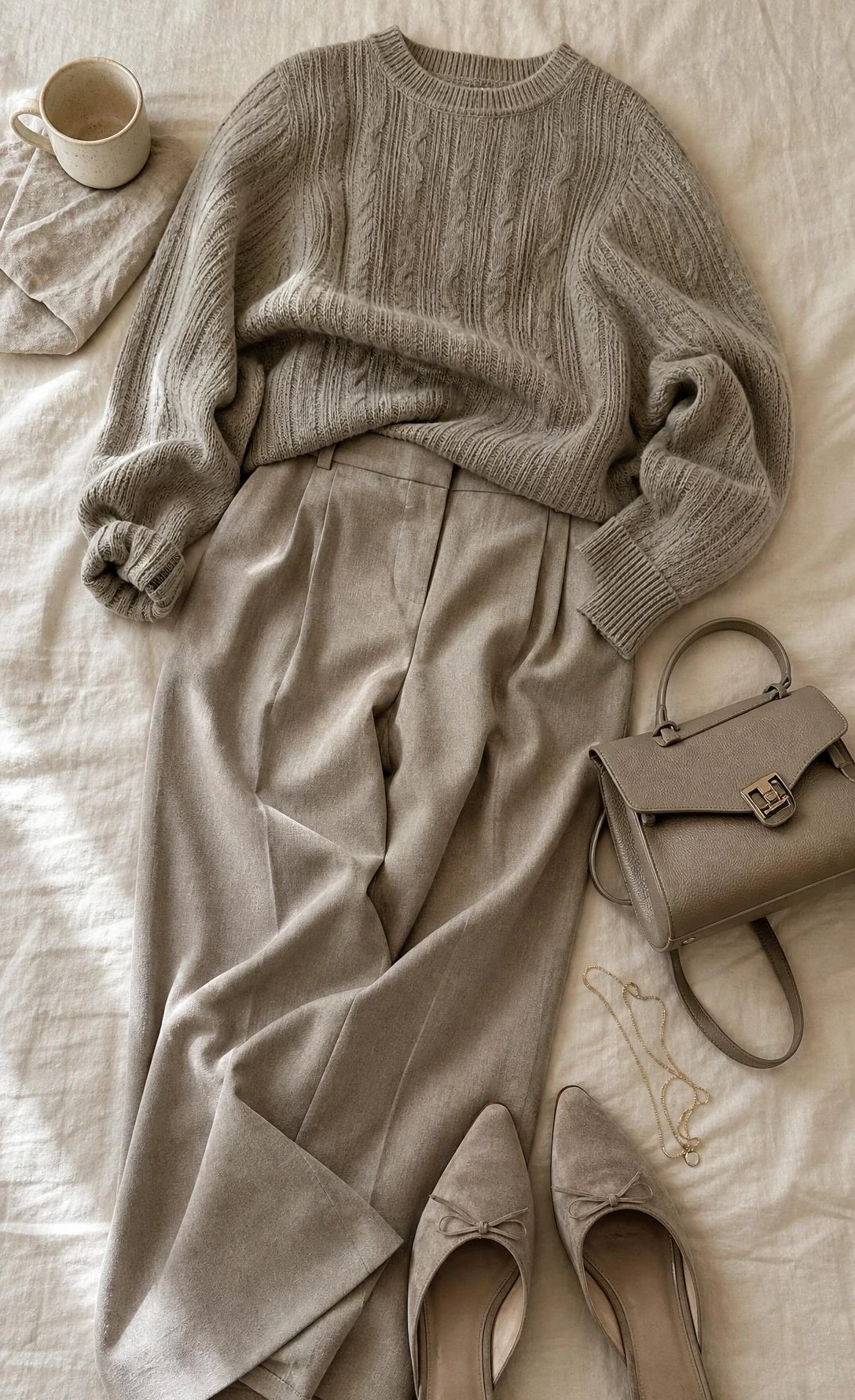 Flat lay of a complete greige monochrome outfit on ivory linen — oversized ribbed knit sweater styled head to toe in warm neutral tones for effortless casual dressing