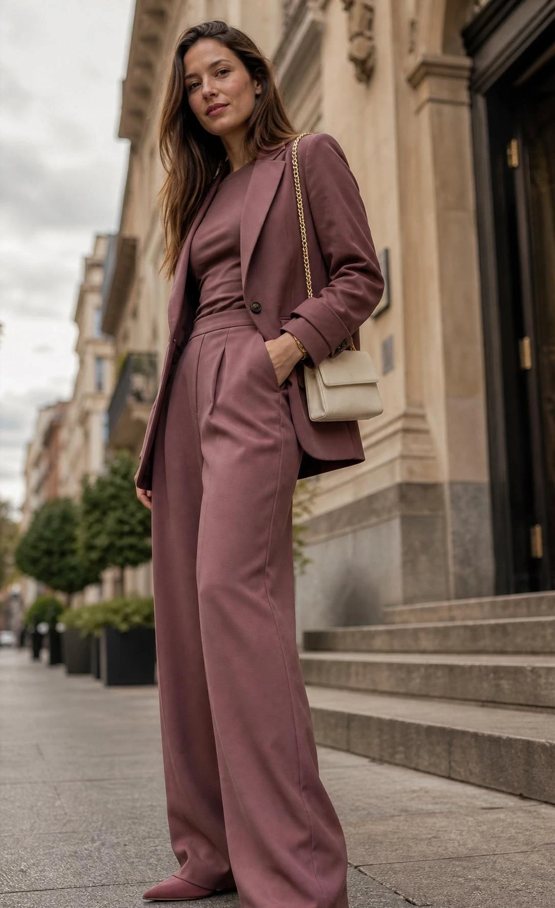Woman in monochrome matching set carrying a minimal shoulder bag, styled as an effortless casual dinner outfit on a clean urban sidewalk