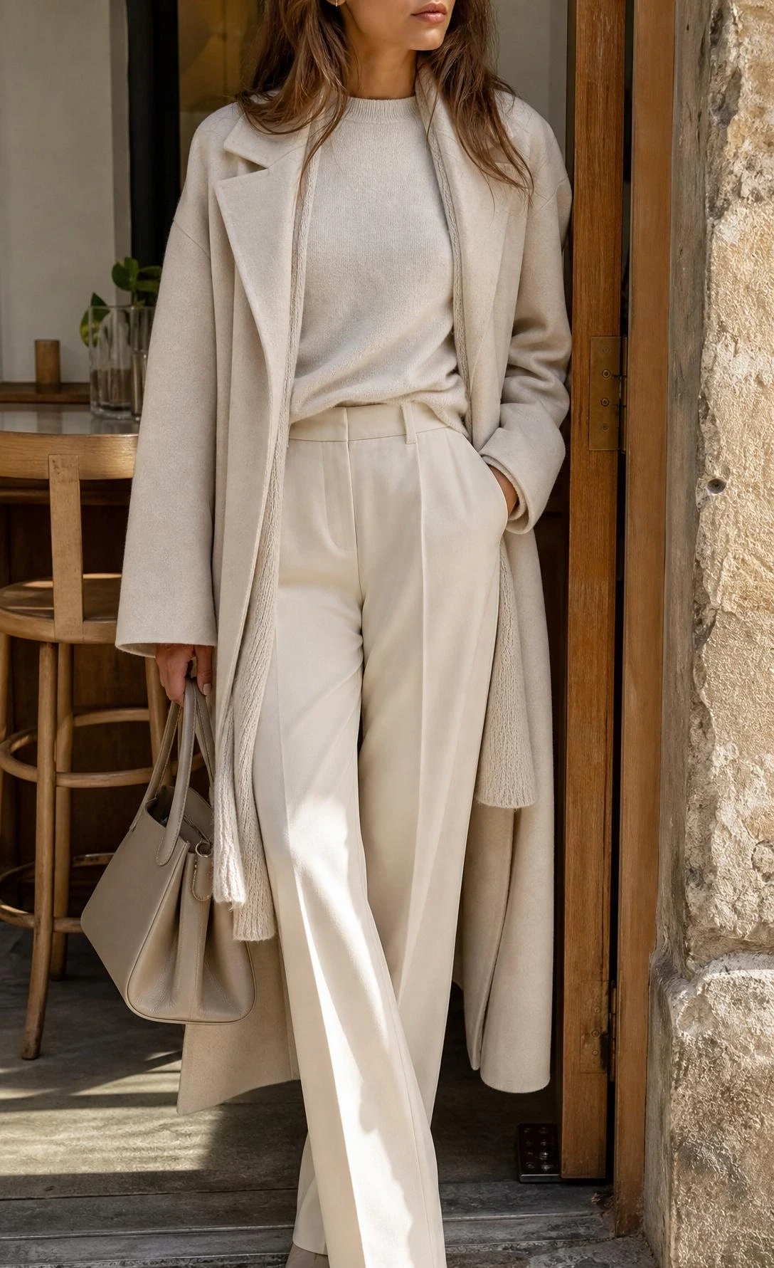 Close-up of monochrome trousers and knit layers in cream, showing tailored pants and soft matching textures in daylight.