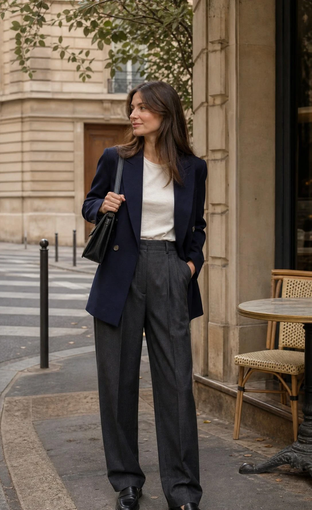 Woman in a navy blazer and pleated charcoal trousers standing on a sunny street in a polished parisian office outfit.