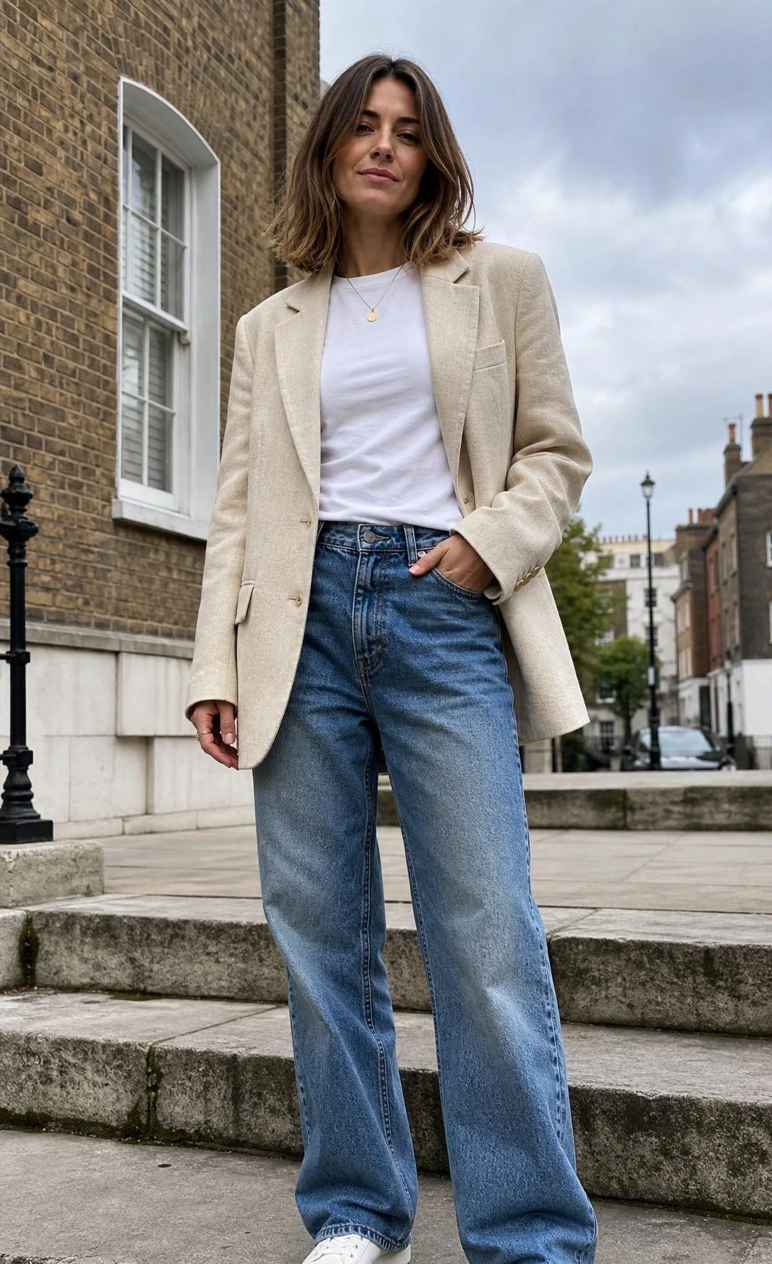 Woman in oatmeal oversized blazer layered over a white tee and vintage denim, shot from hip height on a city sidewalk for a cool casual neutral look