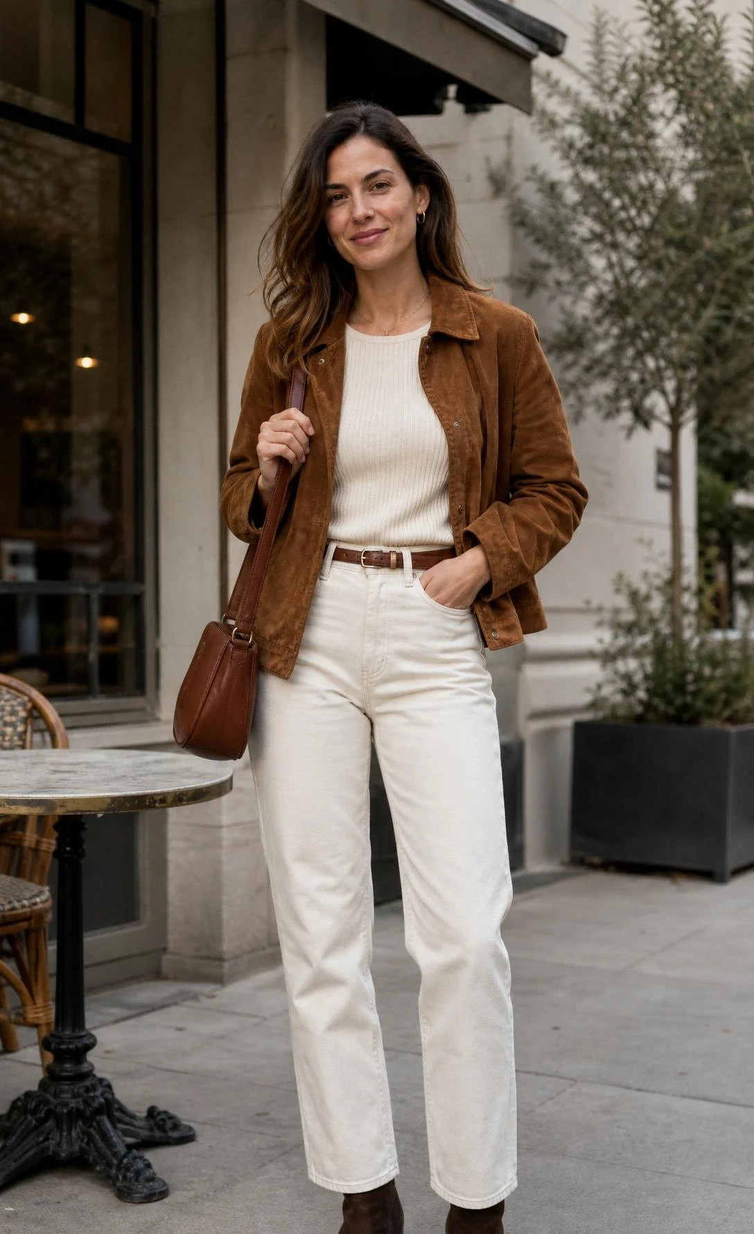 Woman outside a neighborhood cafe in off-white straight-leg jeans and a suede jacket, one of the white jeans outfit ideas for cool days