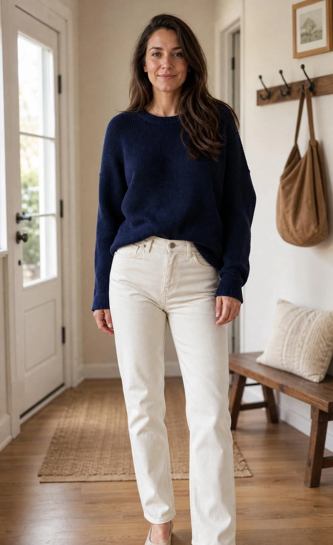 Woman in off-white straight leg jeans and a navy textured sweater in a bright entryway, one of 12 white jeans outfit ideas