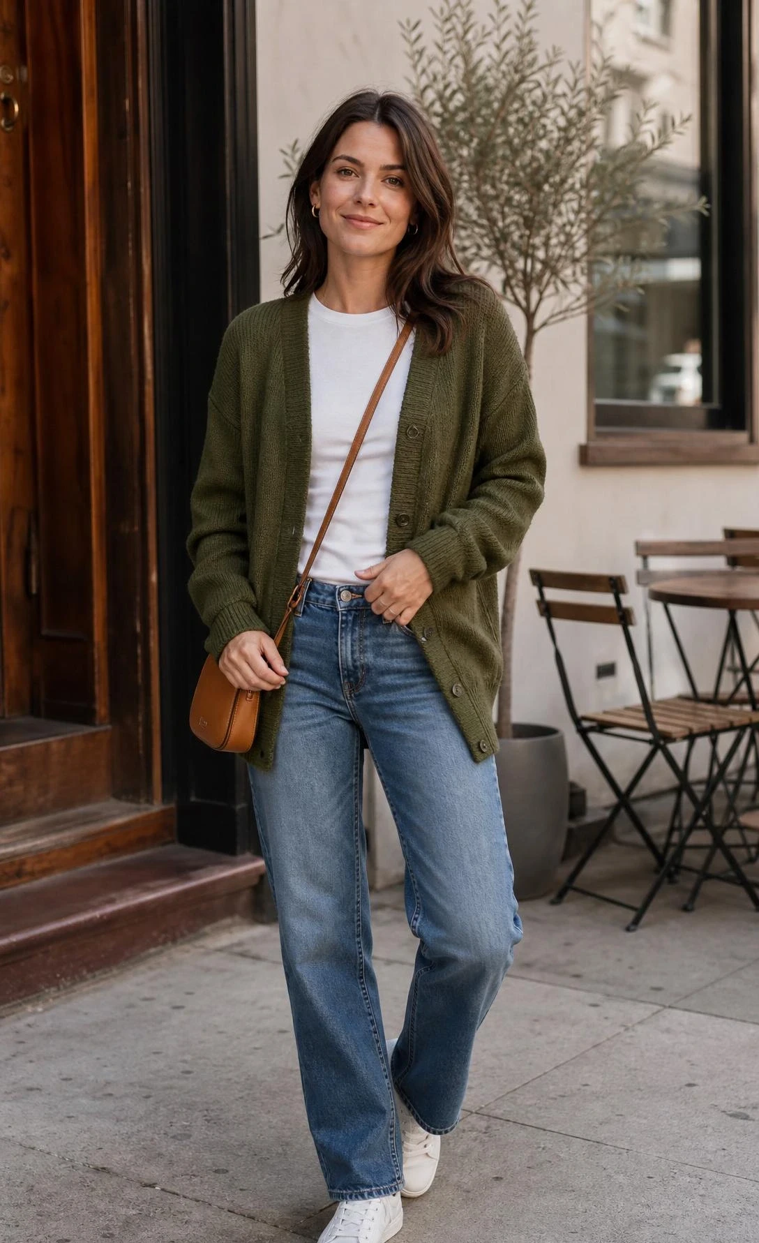 Olive green cardigan styled with straight-leg jeans in a softly lit city scene, showing an easy everyday green cardigan outfit idea.