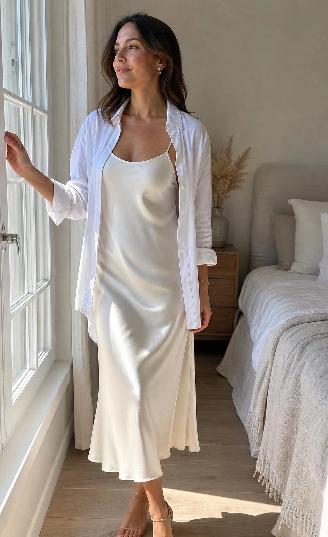 Woman wearing an open white button-down shirt layered over an ivory satin slip dress near a sunlit bedroom window, showing an effortless feminine styling trick