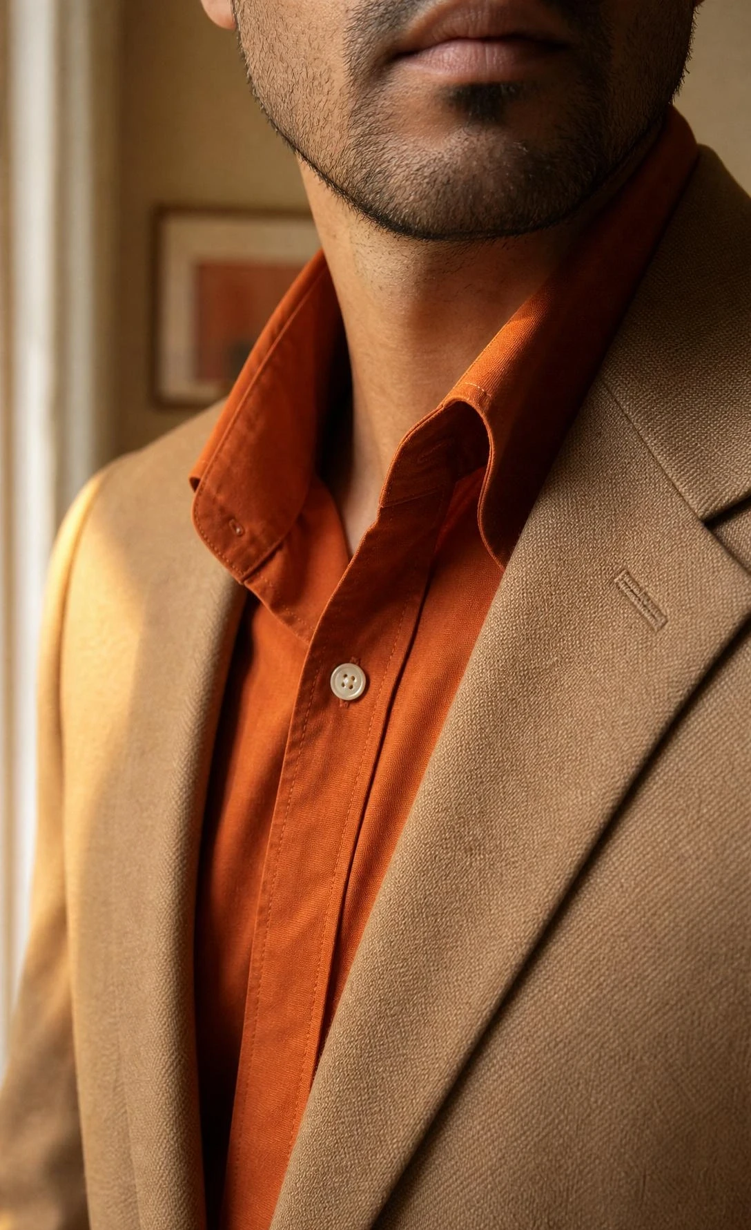 Burnt-orange button-down shirt collar layered over a structured camel blazer, showing the warm contrast between orange fabric and tan wool for a polished outfit