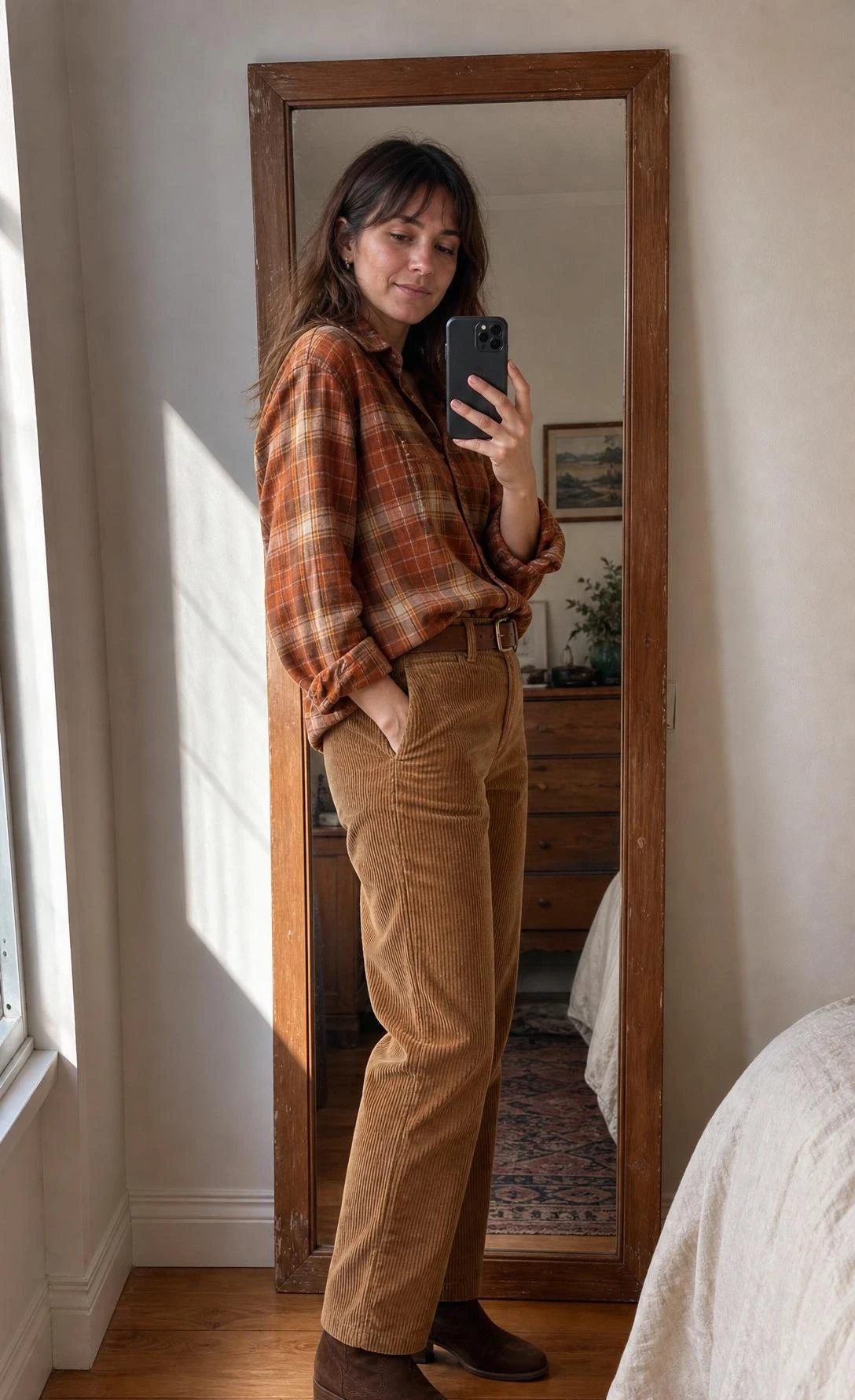 Woman mirror selfie in orange flannel button down shirt paired with straight-leg corduroy pants, a casual fall outfit combination