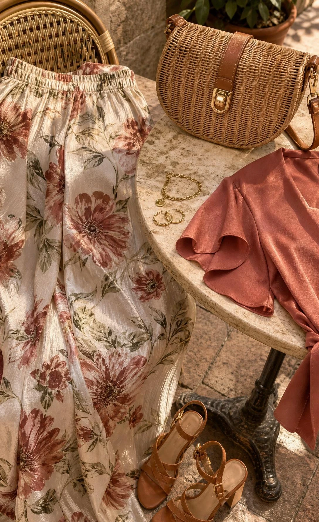 Flowing dusty mauve palazzo pants in a watercolor botanical print styled with a complementary wrap top, shot in warm golden afternoon light on a European café terrace