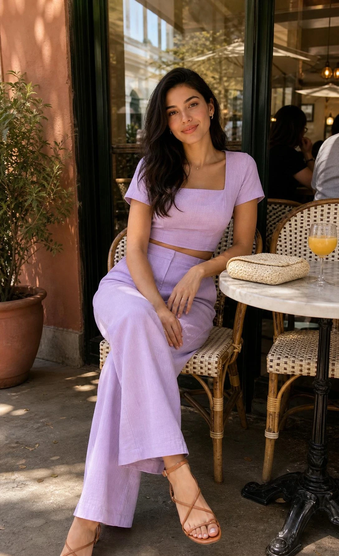 Woman in a soft lavender pastel co-ord set seated at a sun-dappled café window, full outfit visible from strappy sandals to head, styled for a chic brunch look