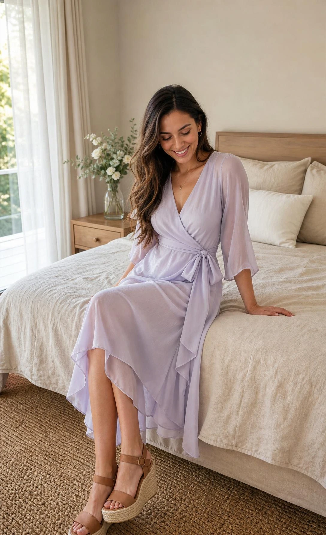 Young woman in a flowing lavender-mint wrap dress and tan espadrille wedges seated on a bed in a sunlit bedroom — an elegant graduation guest outfit for summer