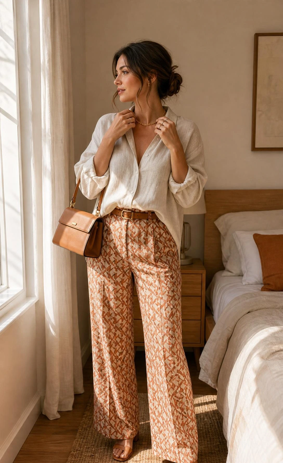 Woman styling wide-leg patterned trousers in terracotta geometric print with a relaxed linen shirt, adjusting a gold necklace in a sunlit bedroom