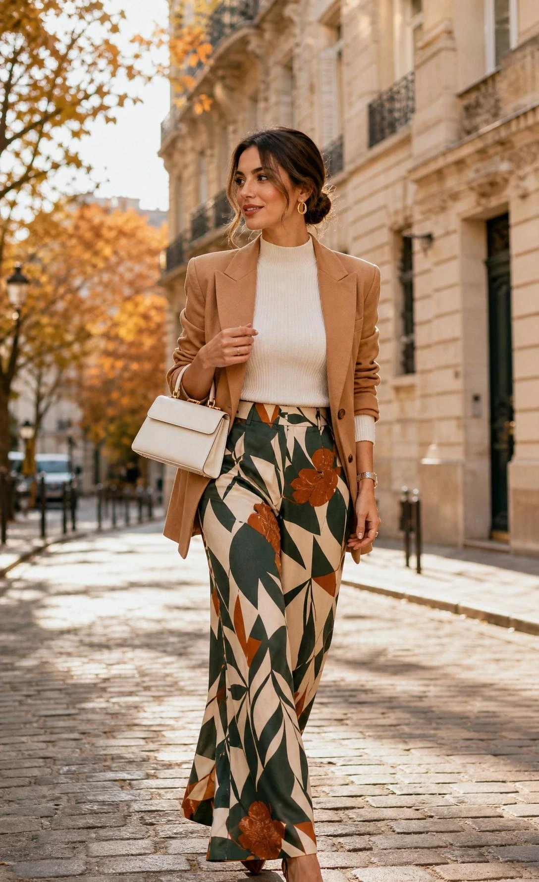Woman in bold botanical print wide-leg trousers and blazer walking confidently on a cobblestone European street