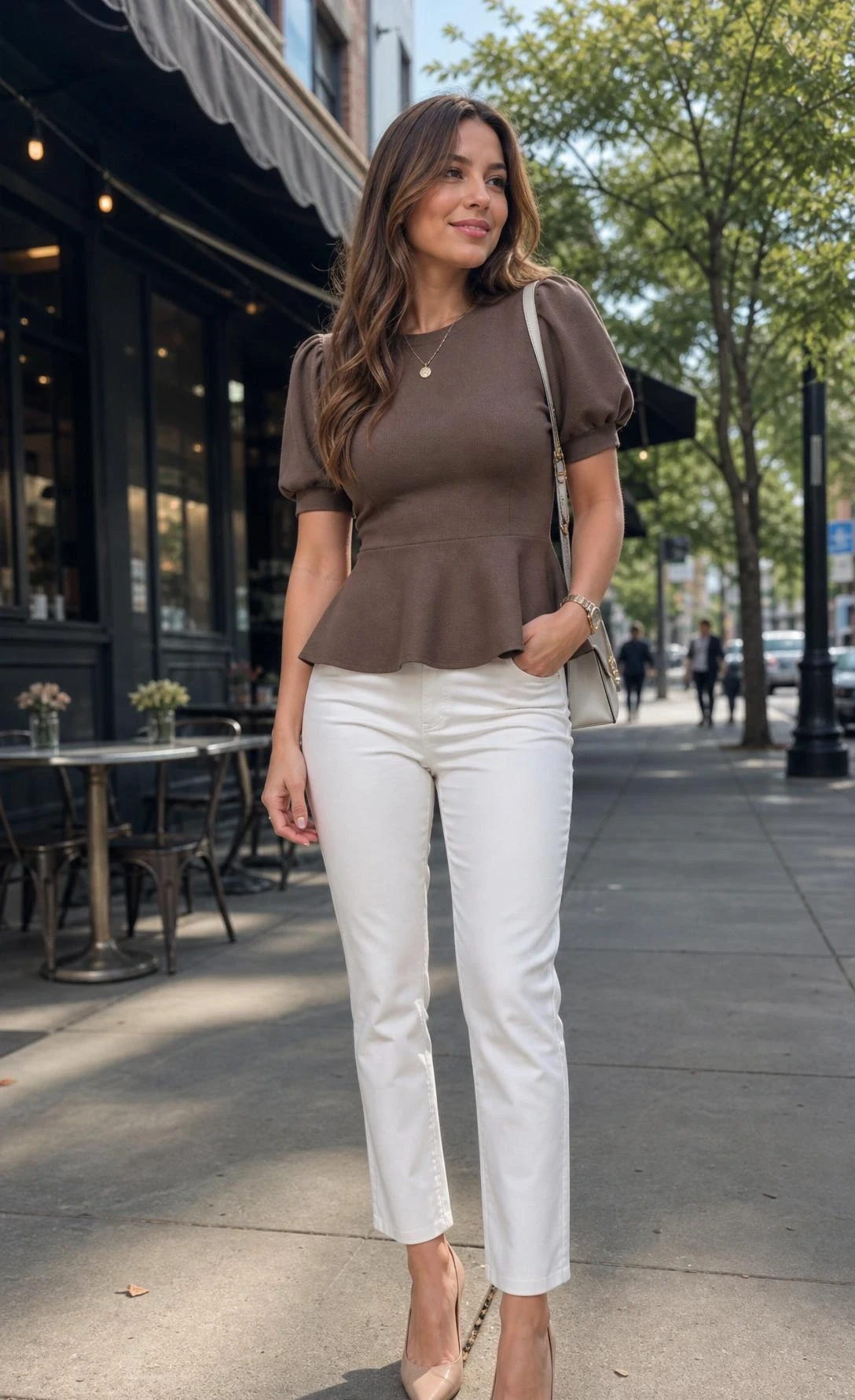 Pear shape outfit idea featuring a woman in a peplum top and slim straight pants, styled full length on a quiet café-lined city sidewalk.