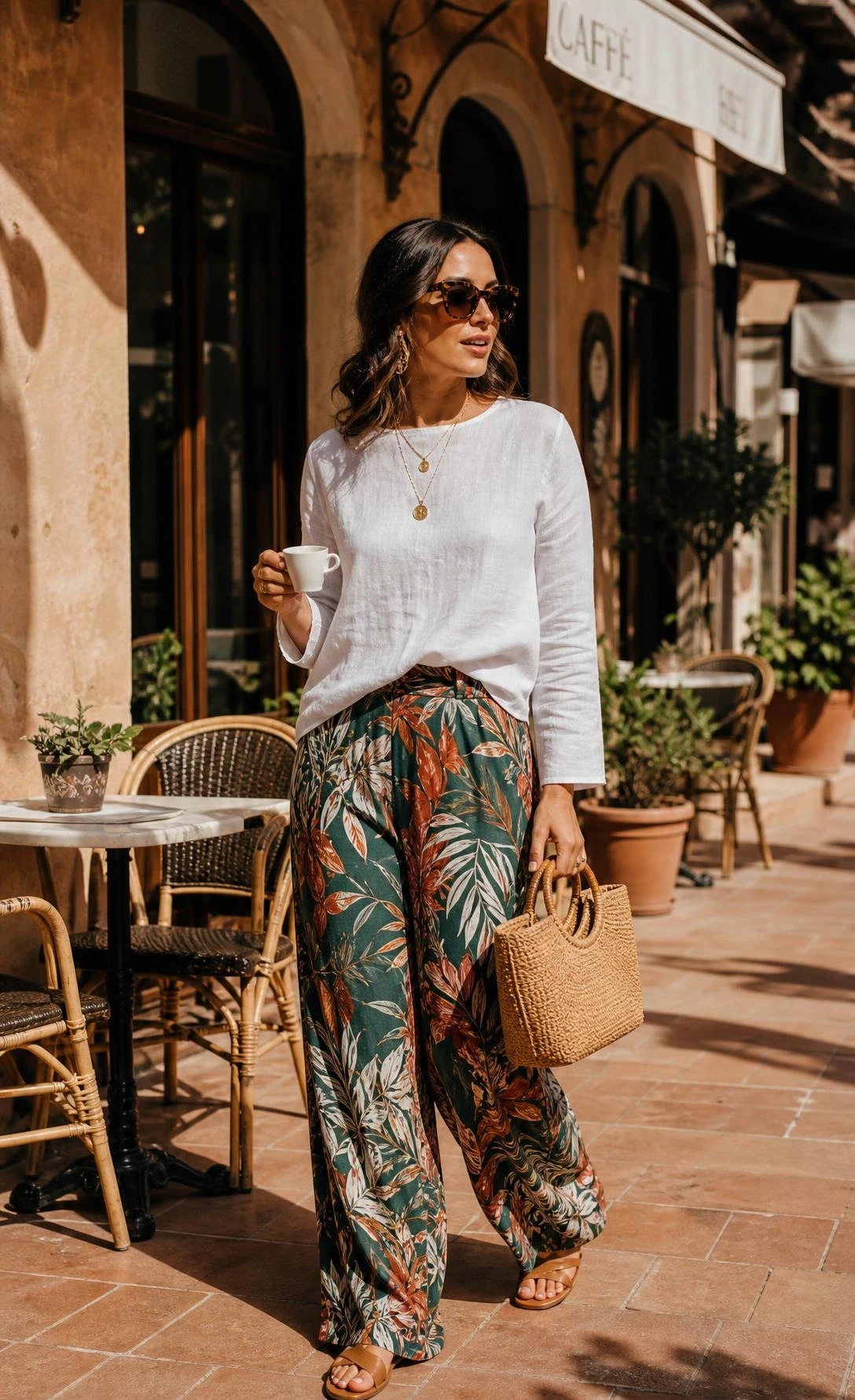 Woman wearing wide-leg printed palazzo pants in jewel-toned botanical print paired with a white linen top and flat sandals on a sun-drenched European café terrace