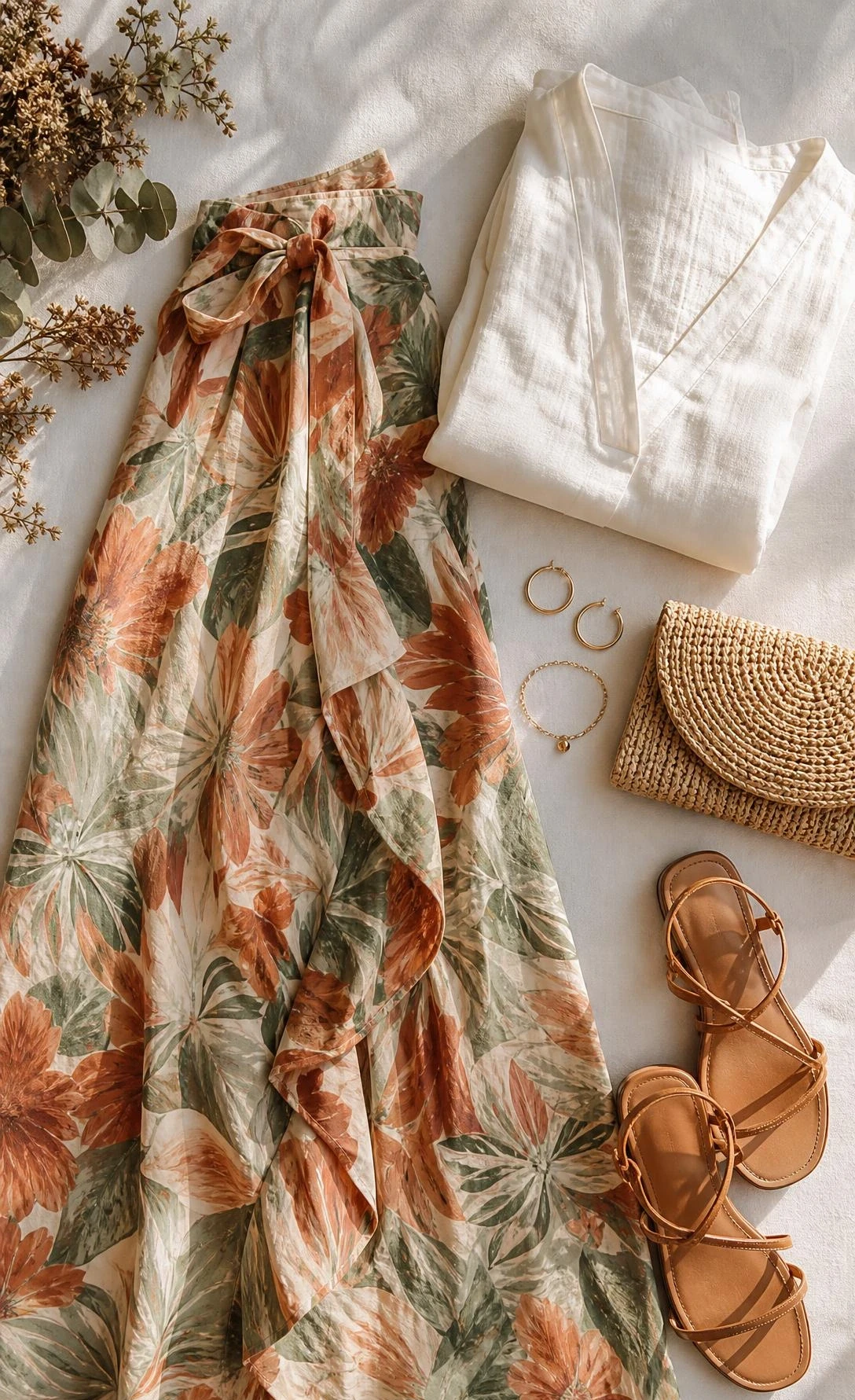 Flat lay of a flowy botanical print wrap skirt in terracotta and sage paired with an ivory linen blouse, a chic summer graduation guest outfit
