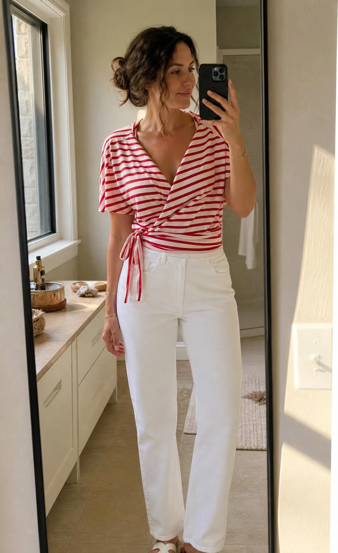 Mom in red and white striped wrap top tied at waist with straight white jeans, taking a mirror selfie in a sunlit room — an easy summer mom outfit