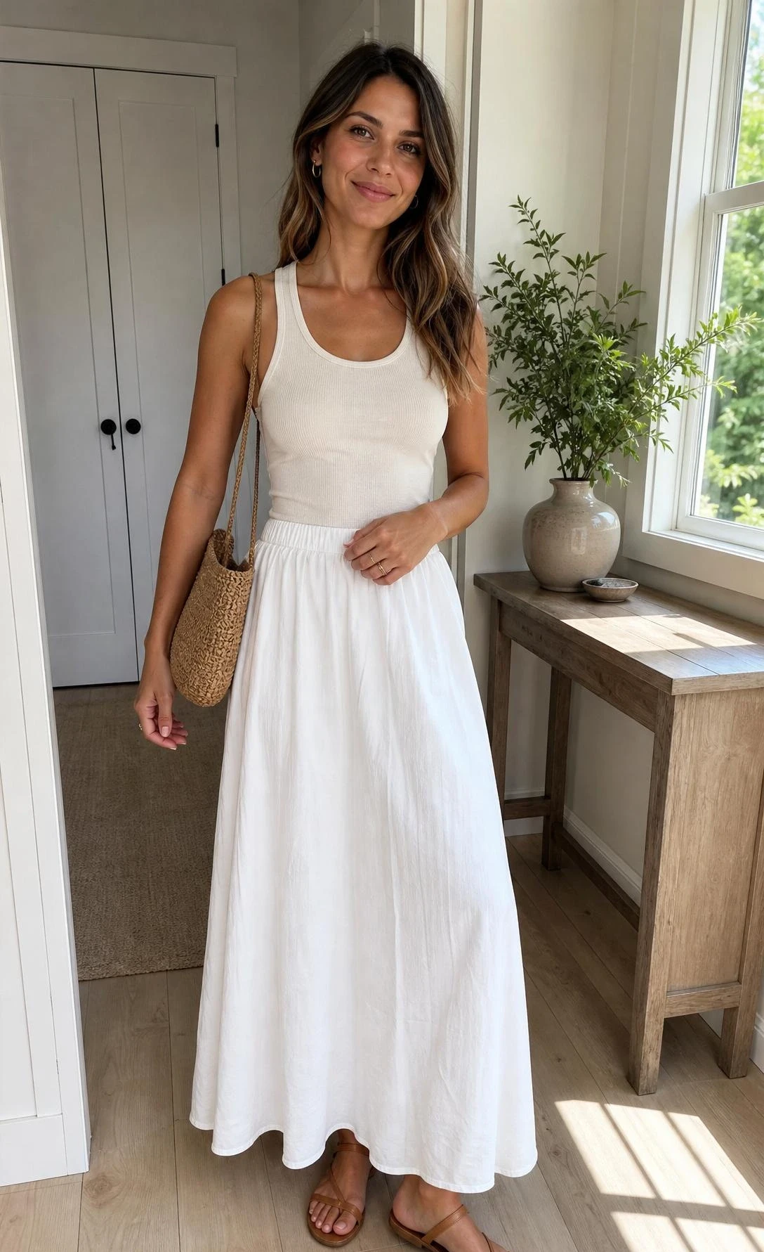 Woman in an ivory ribbed tank and long white skirt with flat sandals in a sunlit entryway for white maxi skirt outfit ideas