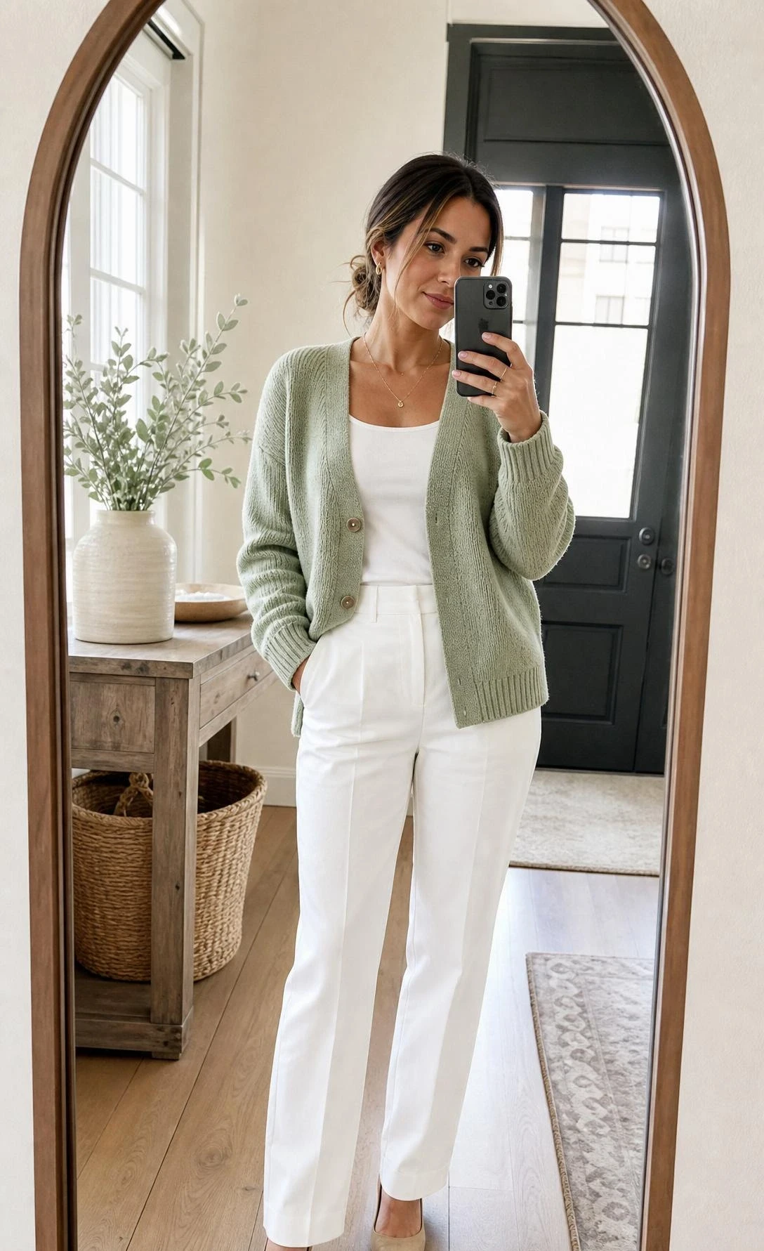 Warm mirror selfie shows a woman styling a sage green cardigan with crisp white tailored trousers in a bright home entryway.