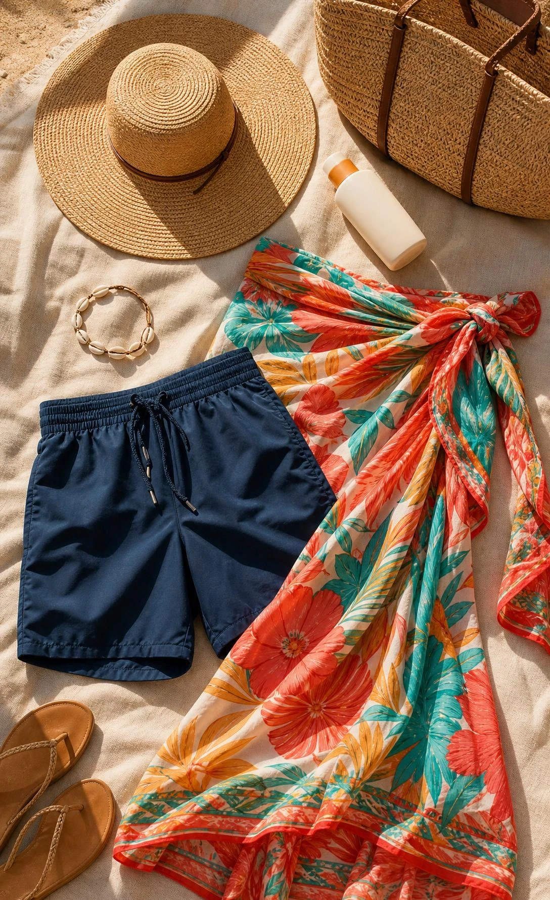 Flat lay of a coral tropical print sarong wrap skirt styled with navy swim shorts for a modest beach outfit, alongside a woven sun hat and shell bracelet
