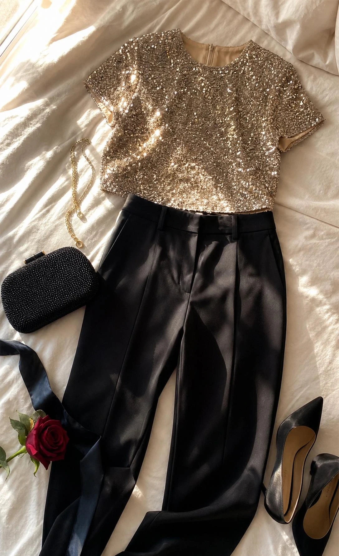 Champagne-gold sequin top and black cigarette pants flat lay on ivory linen — a polished cocktail outfit that transitions from dinner to dancing