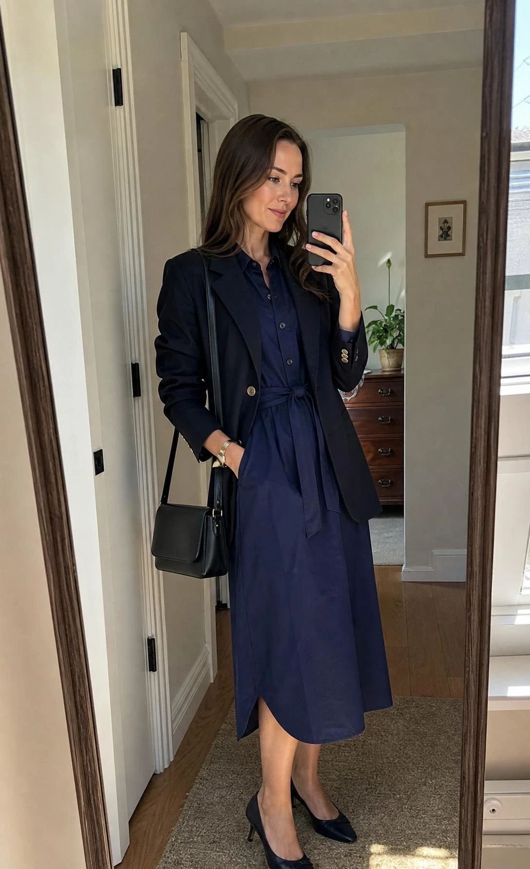 Side-angle mirror selfie of a woman in a navy shirt dress with a blazer, a versatile parisian office outfit.