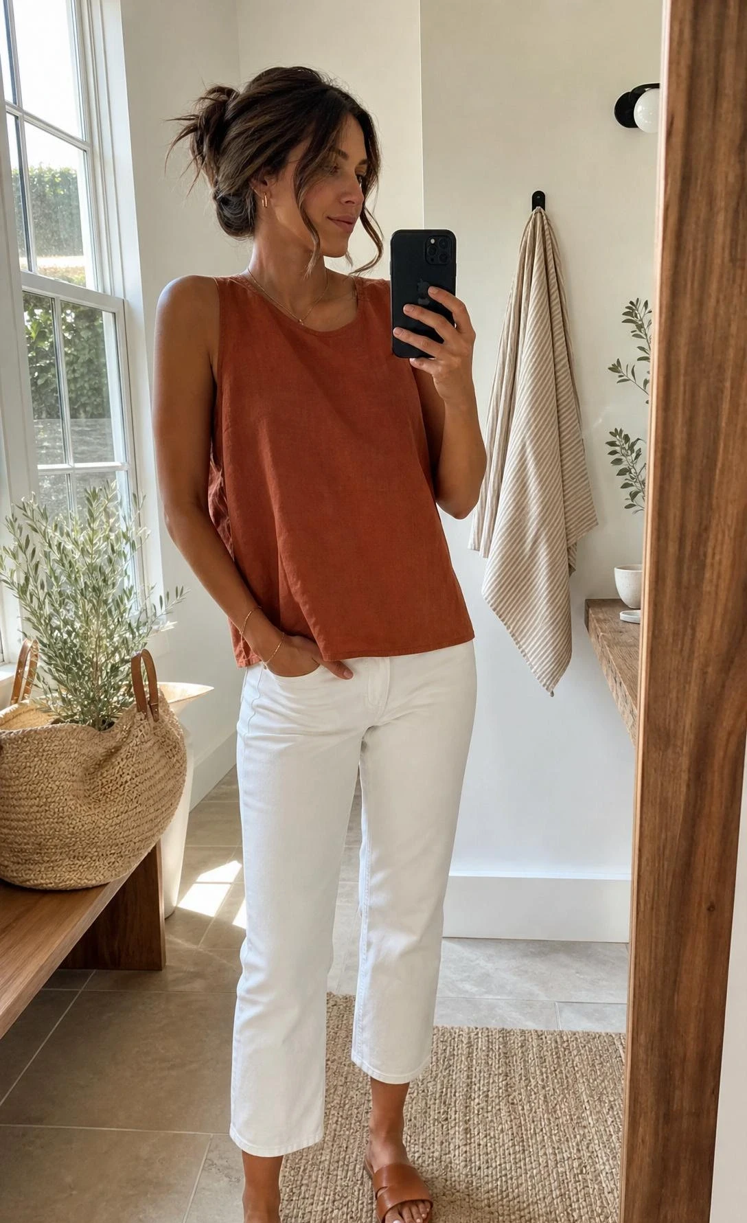 Woman in terracotta linen tank tucked into cropped white straight-leg jeans, captured in a bright mirror selfie — a polished yet effortless mom outfit for summer