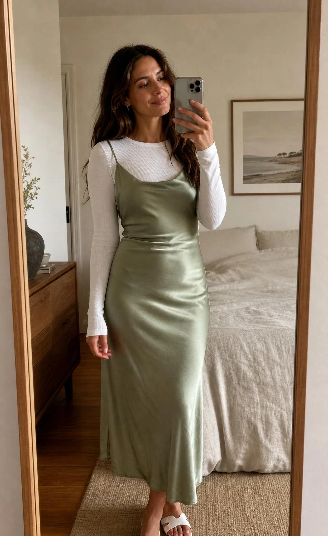 Woman in late twenties takes mirror selfie in bedroom, styled in slip dress layered over white long-sleeve tee for a chic brunch outfit