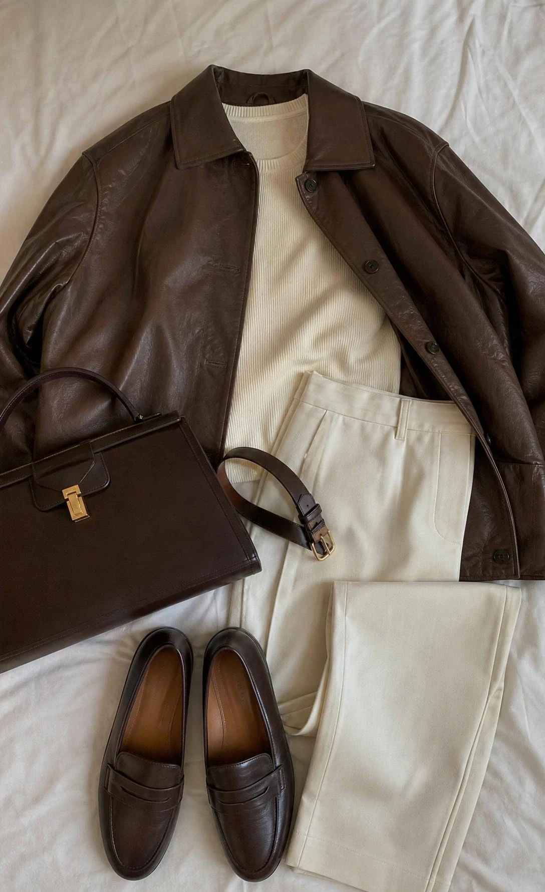 Flat lay of a soft brown leather jacket with cream straight trousers and knit top for a modern parisian office outfit.