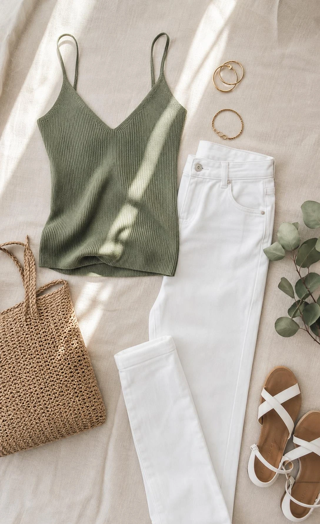 Flat lay of a sage green knit camisole paired with straight-leg white jeans on linen, styled with gold hoops, a delicate bracelet, and white sandals for a polished mom summer outfit