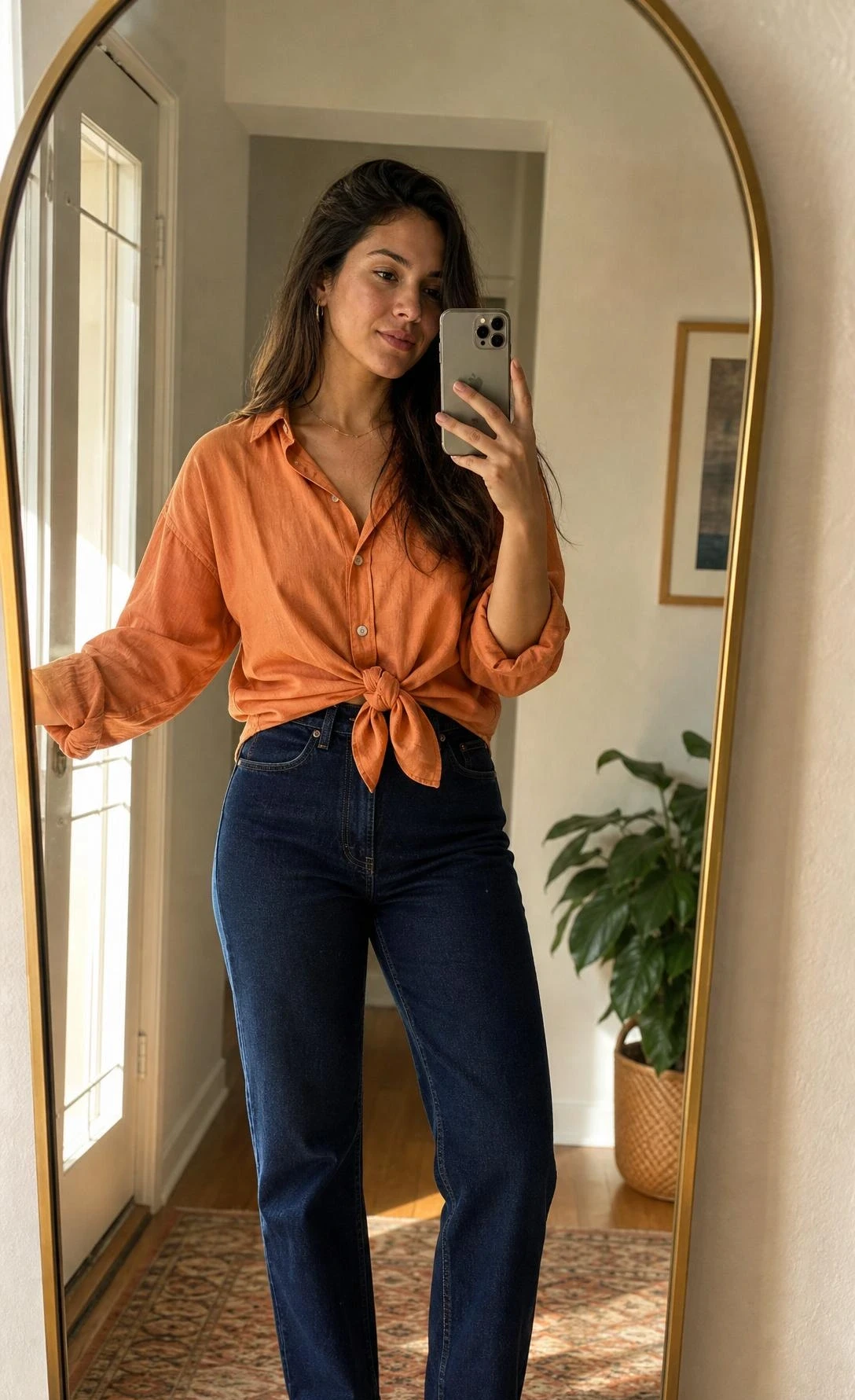 Woman ties a soft orange button down shirt at the waist over high-rise jeans, styled in a mirror selfie showing a casual yet polished orange shirt outfit