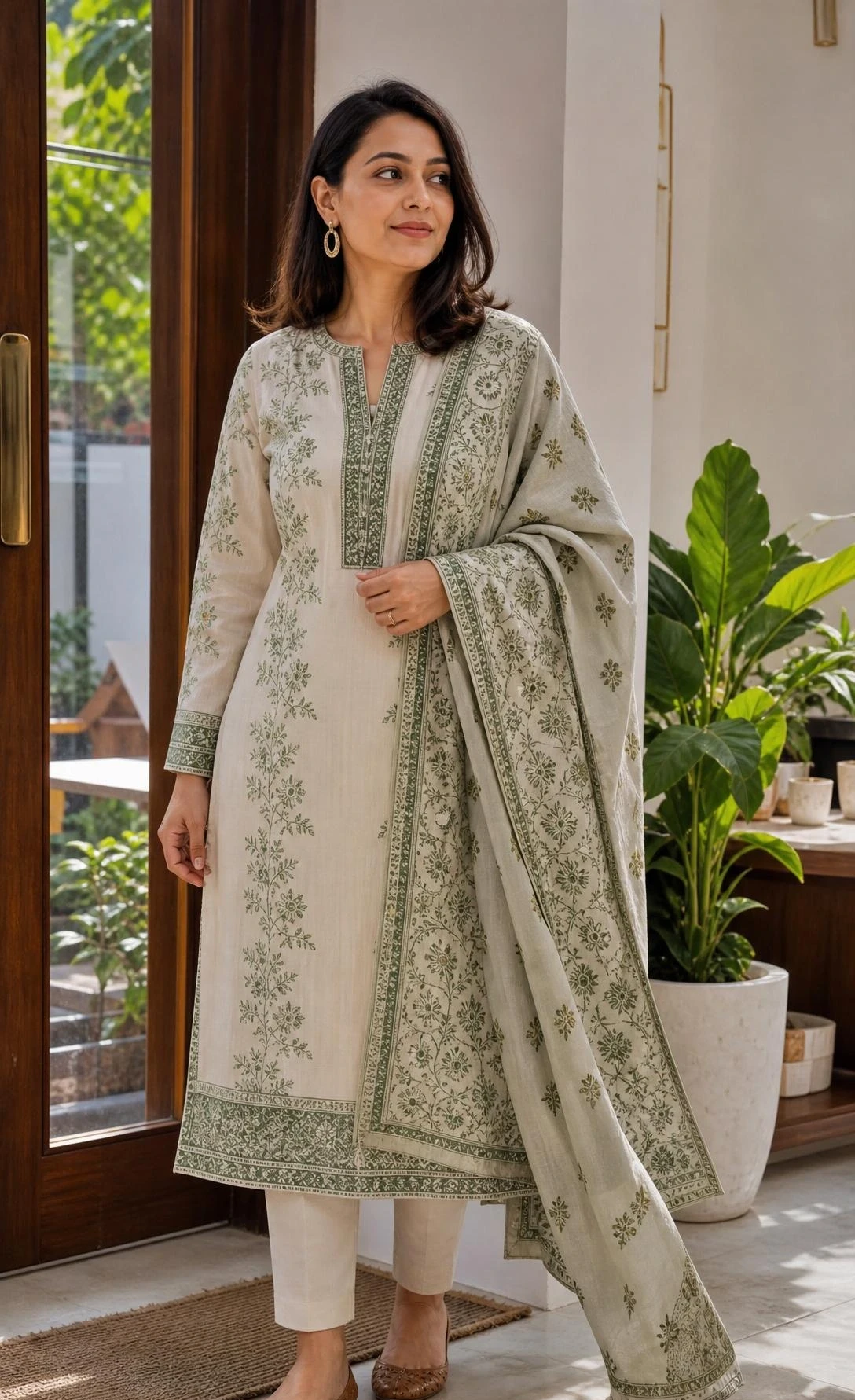 Pear Shape Outfit Ideas: close-up of a woman in a straight kurta, narrow pants, and dupatta, showing balanced lines and fabric detail.