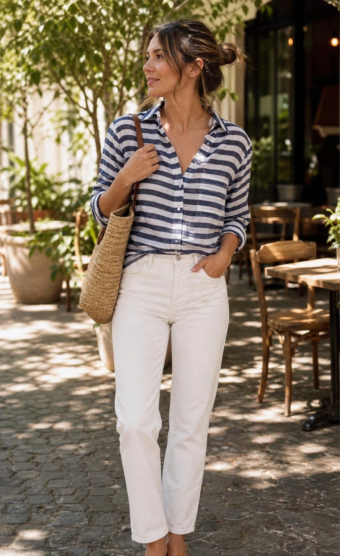 Woman in navy striped linen shirt tucked into straight-leg white jeans with tan sandals and straw tote — a breezy summer mom outfit