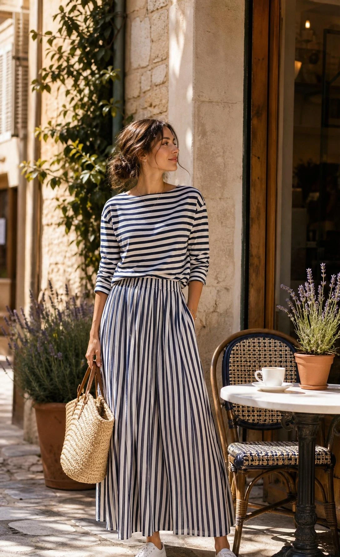 Woman in navy striped maxi skirt and Breton top outside a European café, styled with straw tote and white sneakers for a classic summer maxi skirt outfit