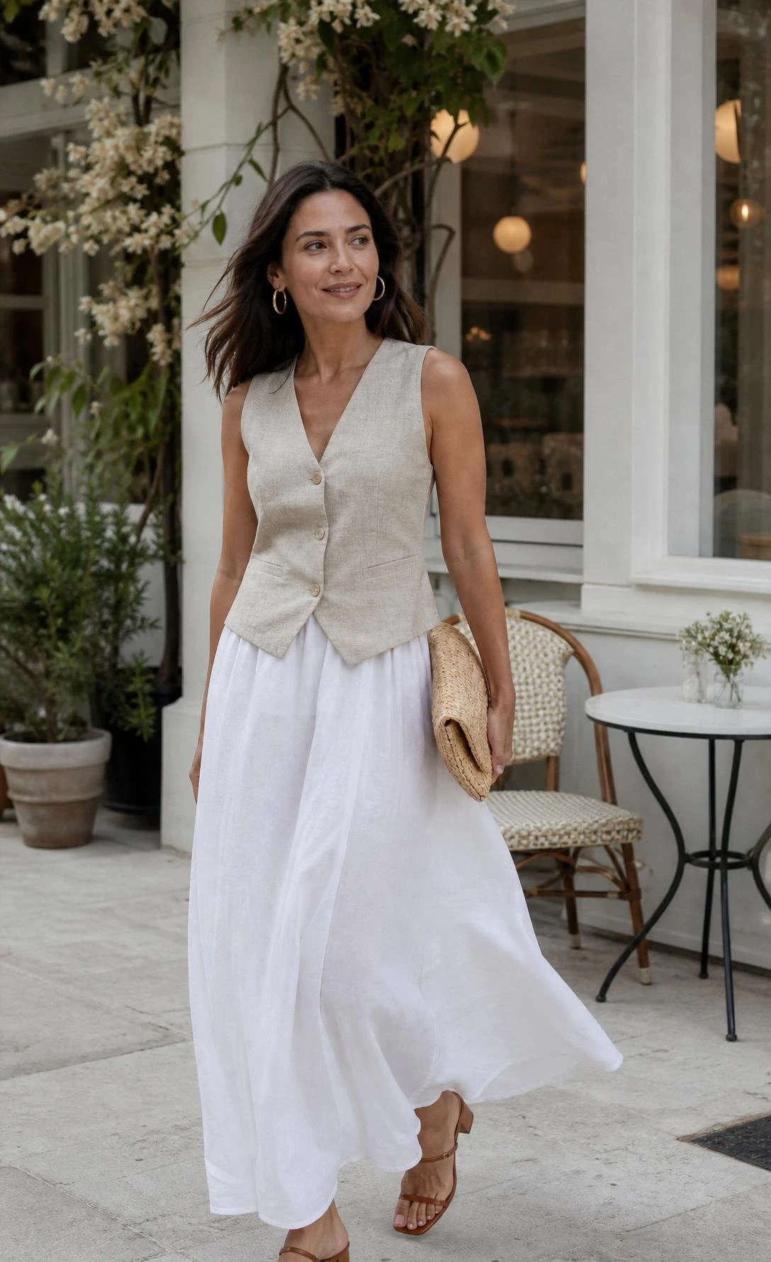 Outside a cafe, a woman styles a tailored sleeveless vest and heeled sandals for white maxi skirt outfit ideas.