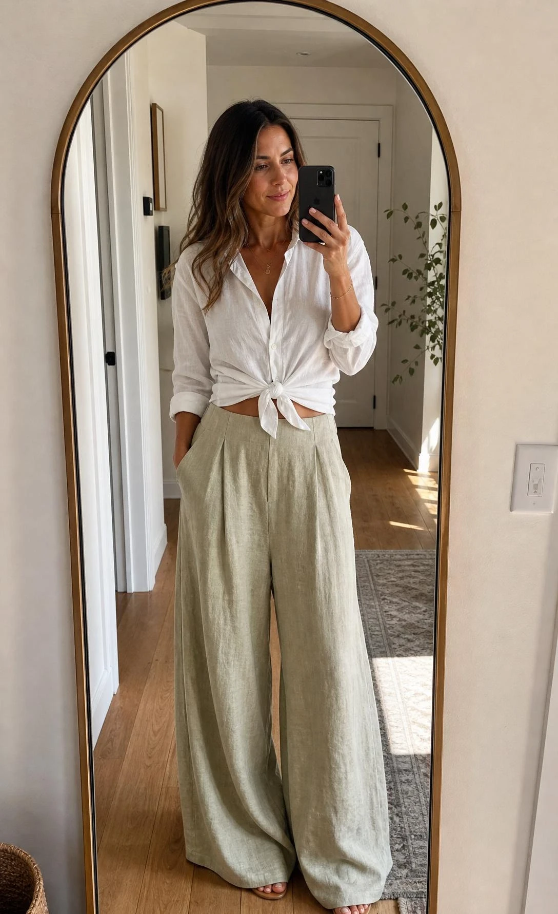 Woman in tied white button-down shirt and wide-leg linen trousers taking mirror selfie in bright entryway with warm natural light