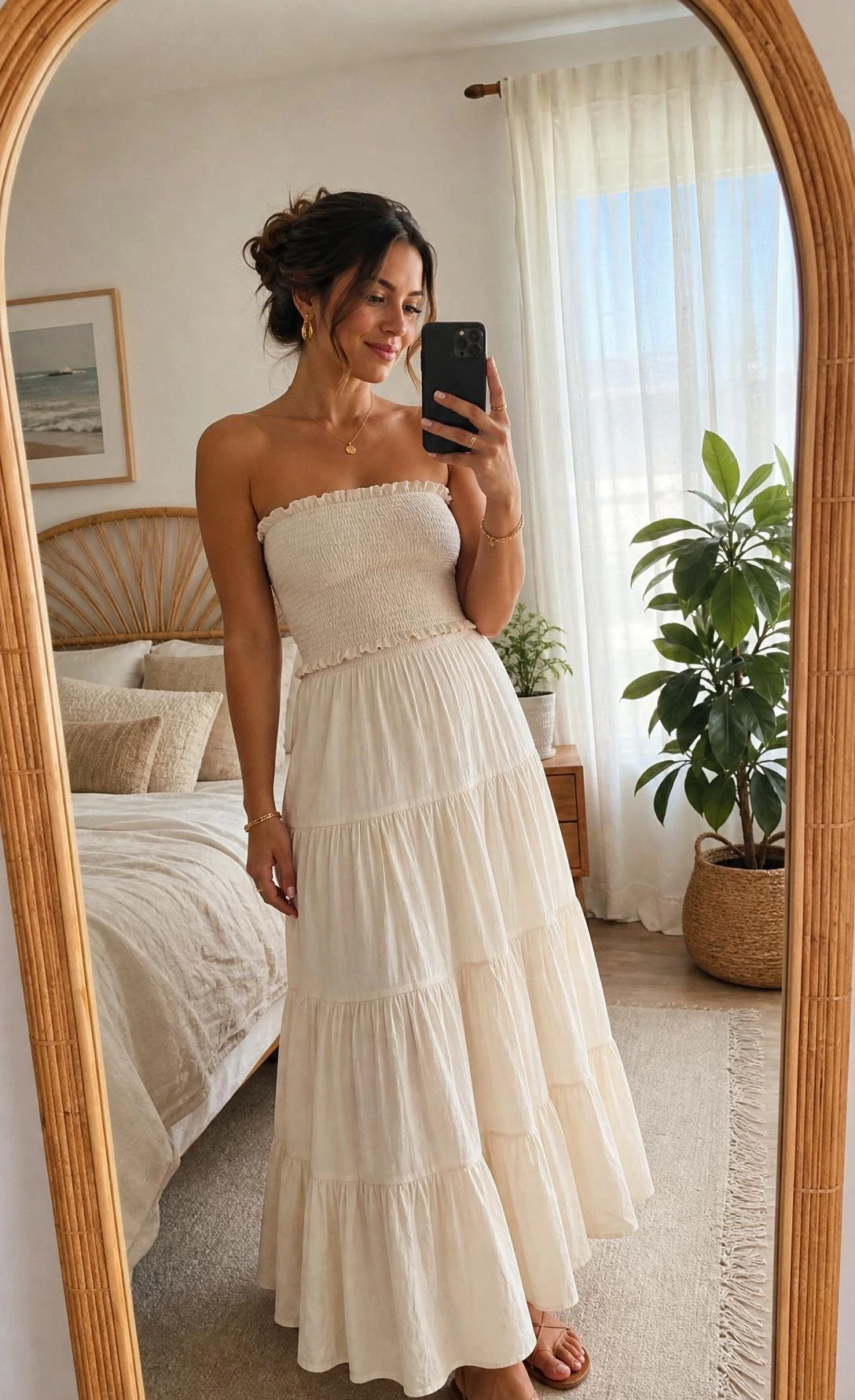 Woman in a tiered cream cotton maxi skirt and smocked bandeau top taking a mirror selfie in a sunlit bedroom, a breezy summer maxi skirt outfit