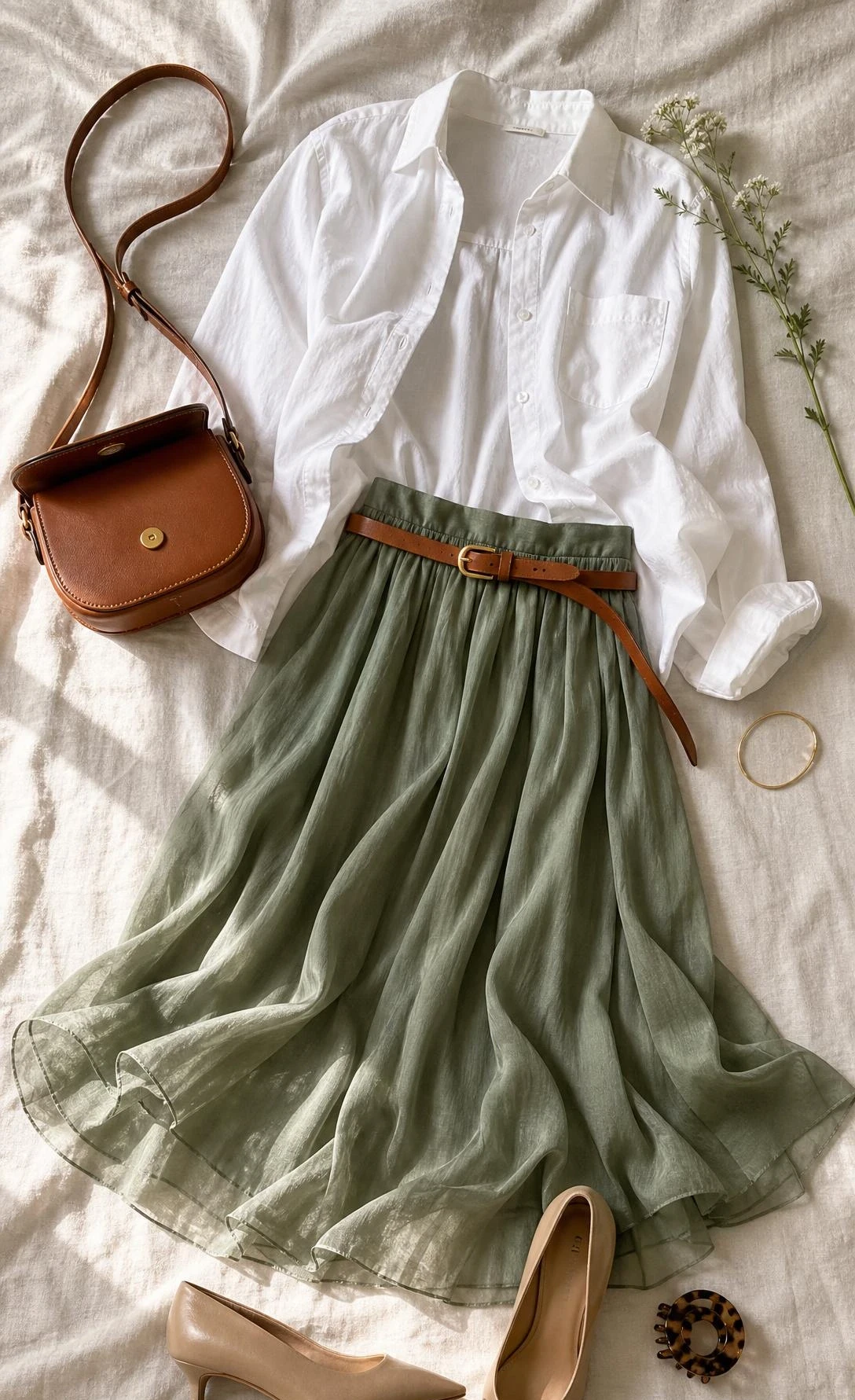 Crisp white button-down shirt flat lay styled with a flowy midi skirt and thin belt, showing the relaxed tuck detail on linen