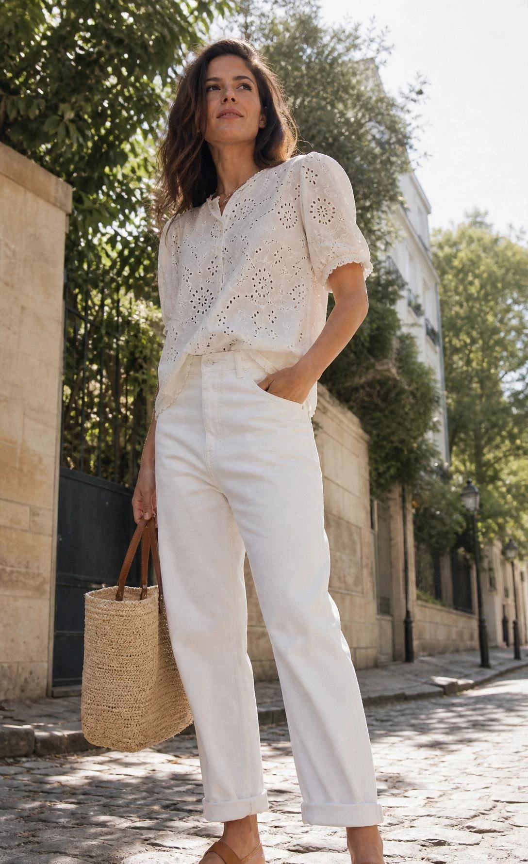 Woman in white broderie anglaise top with eyelet detail and cuffed boyfriend white jeans styled for a chic summer mom outfit on cobblestone street
