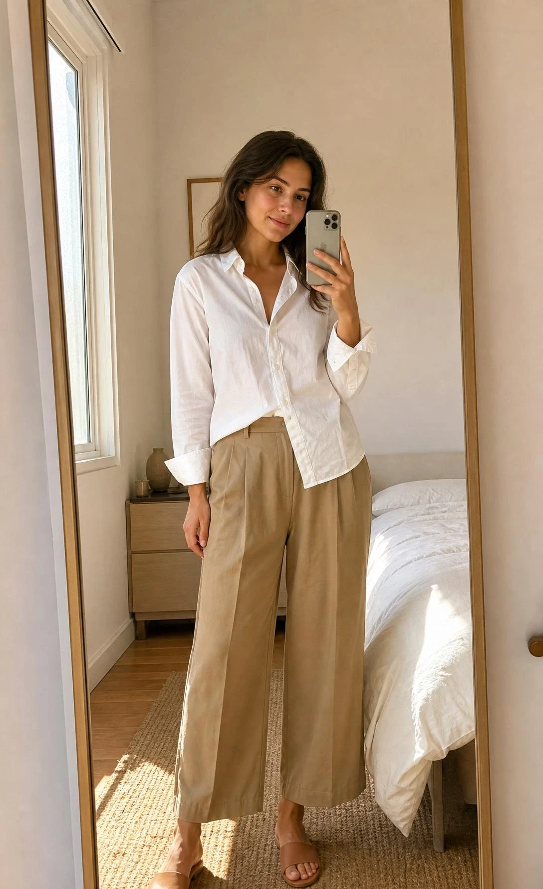 Woman mirror-selfie in a white button-down tucked into relaxed khaki trousers with slides — effortless neutral outfit for everyday wear