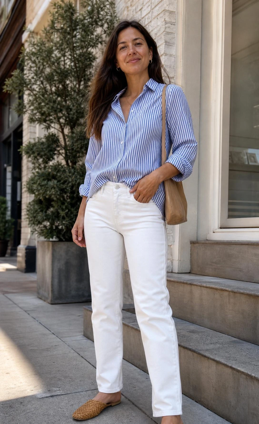 Woman in crisp white denim, a striped shirt, and woven mules on city steps, showcasing white jeans outfit ideas for spring.