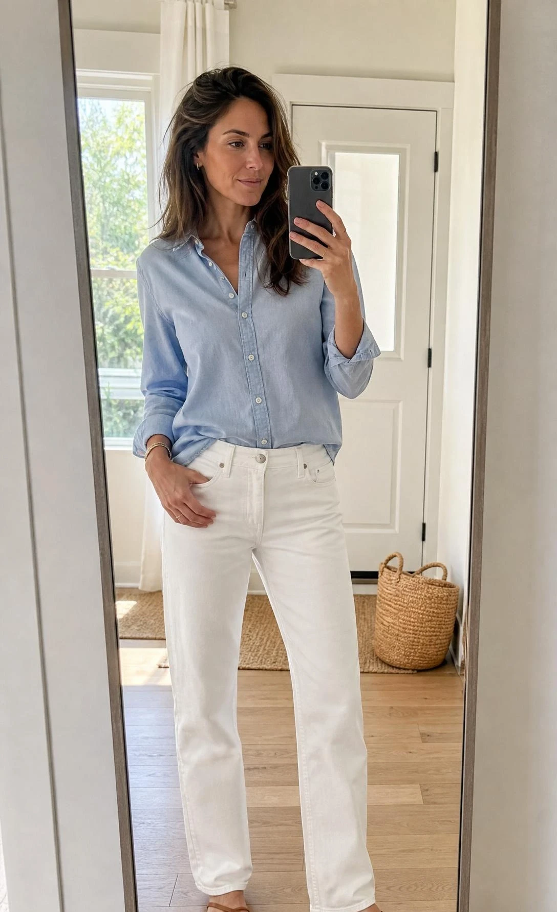 Mirror selfie of a woman in crisp white jeans, half-tucked blue chambray shirt, and brown sandals for white jeans outfit ideas