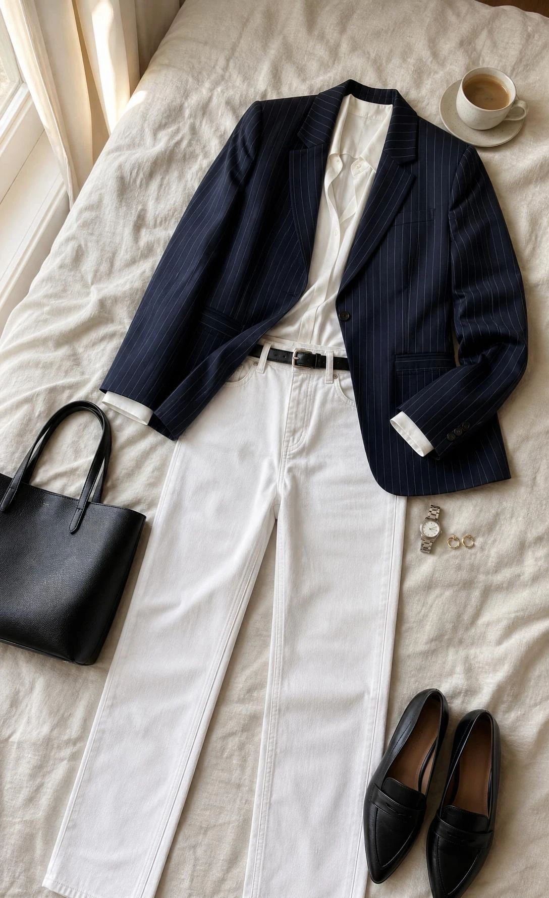 White jeans outfit ideas flat lay with straight-leg denim and a navy pinstripe blazer on ivory linen for workwear polish