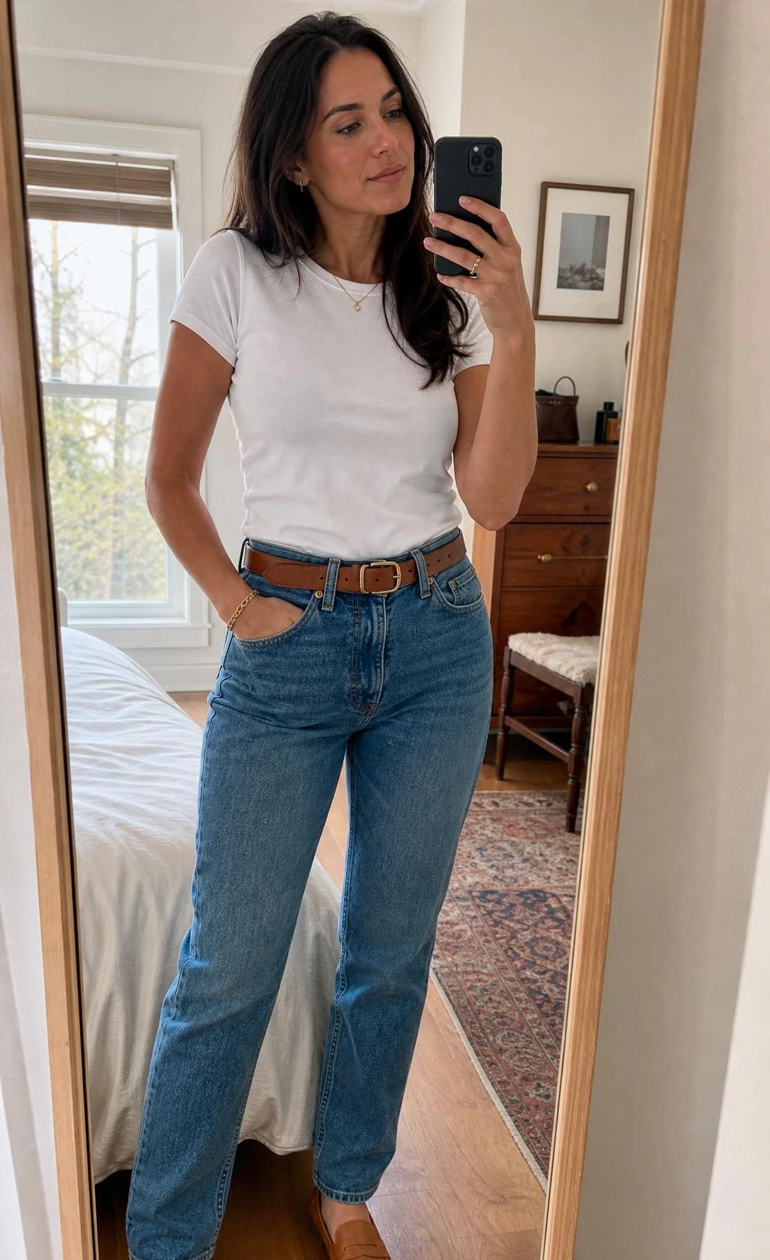Woman in her late twenties wearing a white tee tucked into high-rise mom jeans with a belt and loafers, taking a mirror selfie for a casual dinner outfit idea