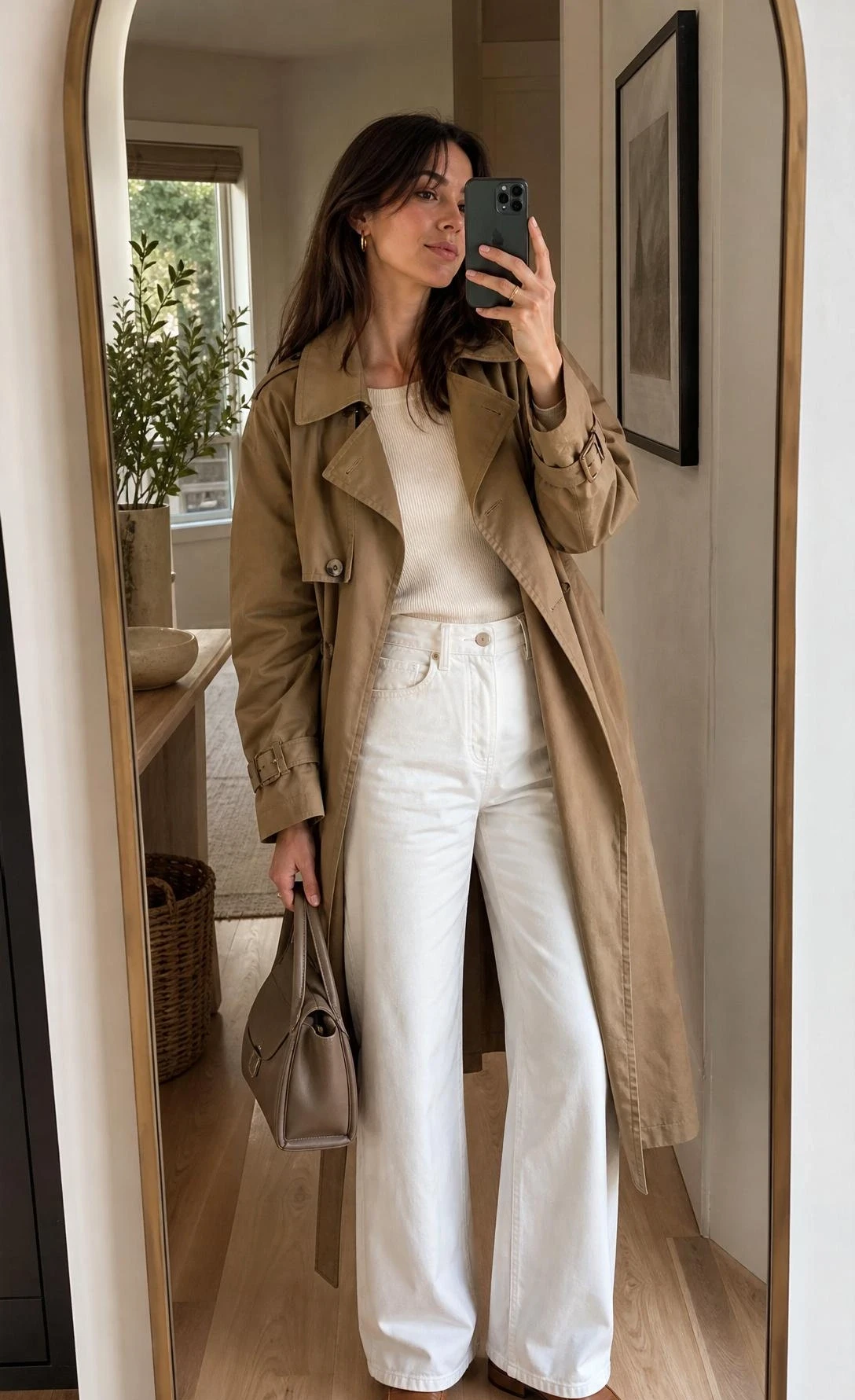 Mirror selfie of a woman in crisp wide-leg denim and a khaki trench, one of 12 white jeans outfit ideas