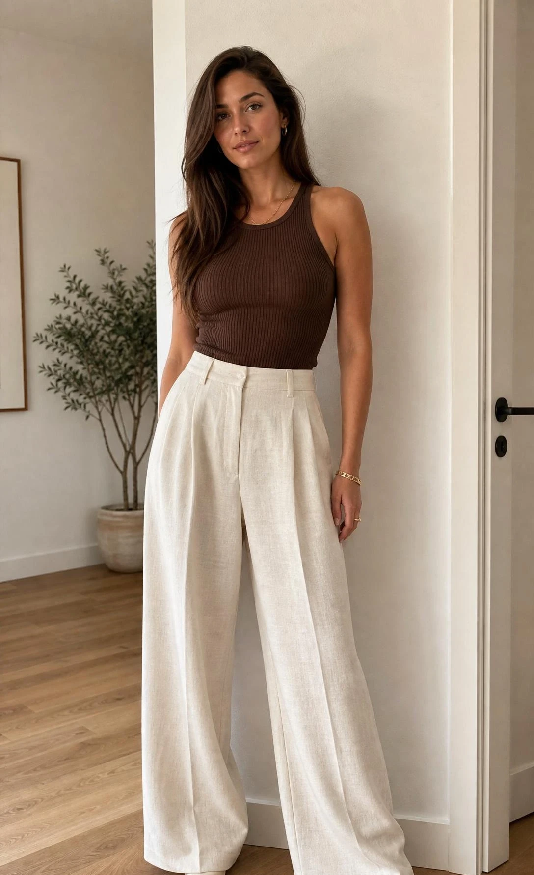 Woman wearing wide-leg ivory linen trousers and a fitted ribbed tank top in a bright minimal apartment entryway with warm natural light