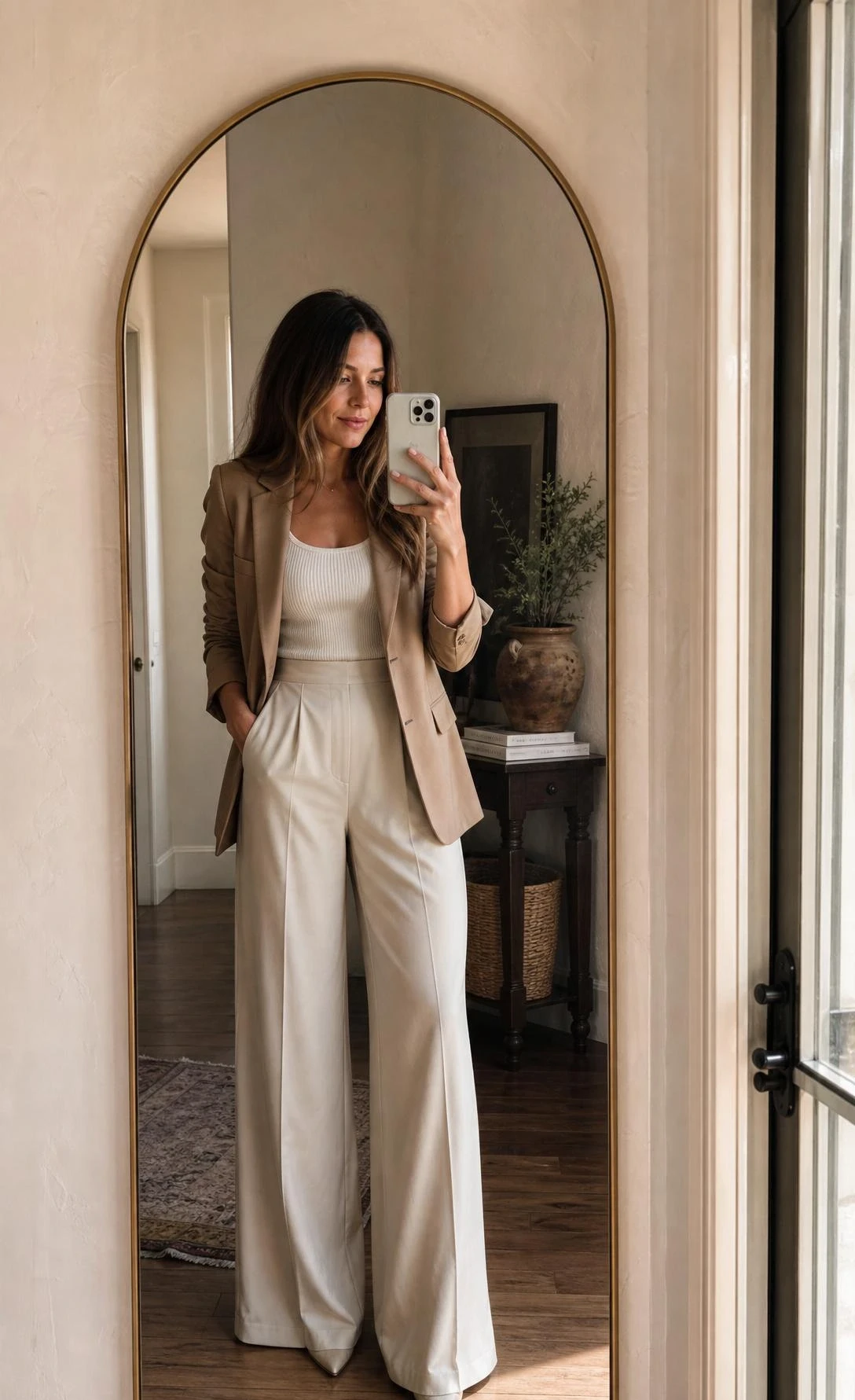 Woman in wide-leg ivory trousers, fitted ribbed tank, and blazer takes a mirror selfie in a bright entryway — a polished yet casual dinner outfit