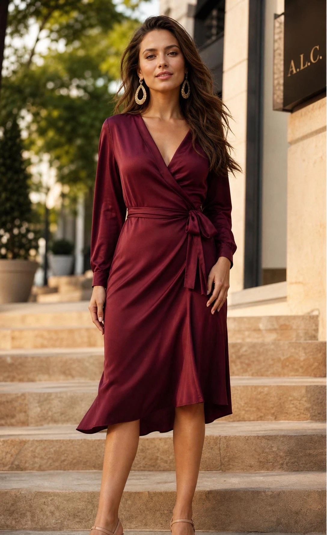 Woman in a deep burgundy wrap midi dress and strappy heeled sandals on warm stone steps, styled with bold statement earrings for a polished cocktail outfit