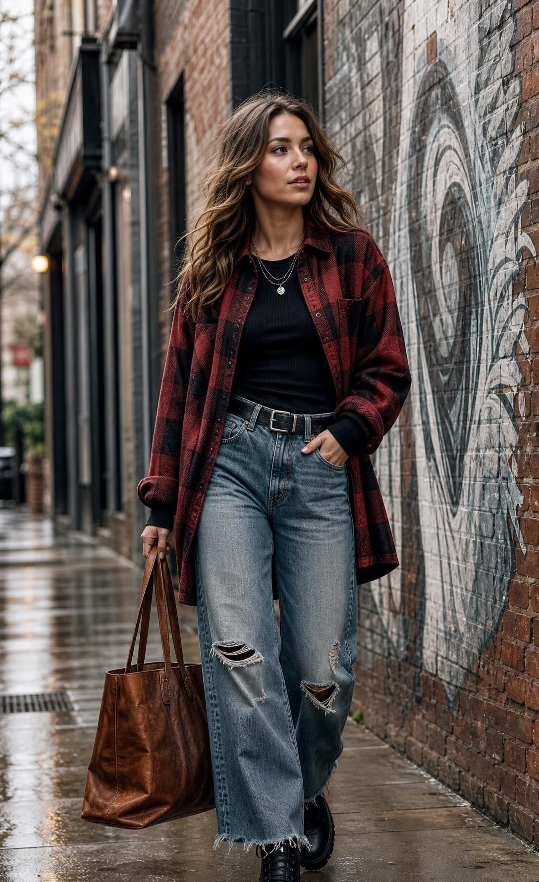 Woman in Y2K grunge outfit mid-stride on rain-dampened sidewalk beside vintage brick wall with faded street art, styled with cognac leather tote in moody overcast light