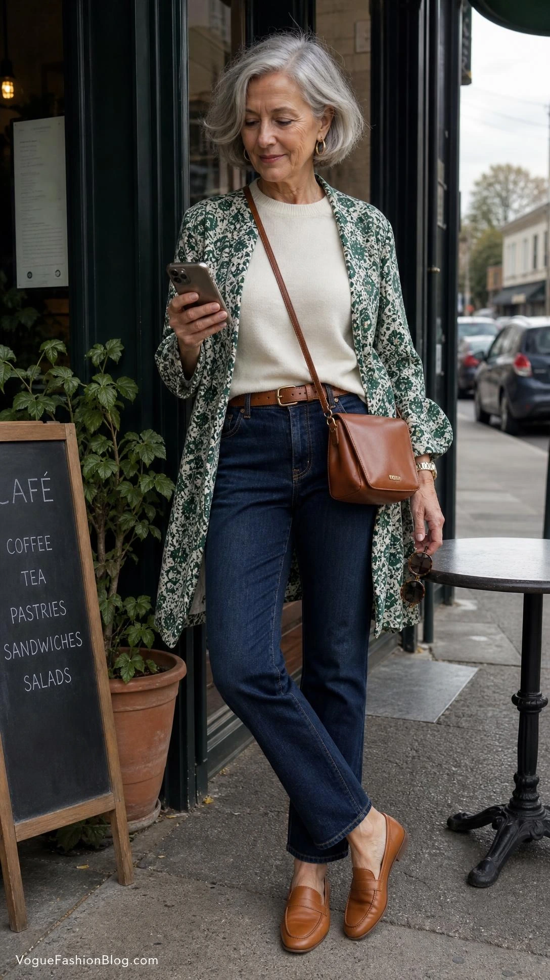 Stylish woman with silver bob outside a café, showing how to dress in your 70s with a personality-packed third piece