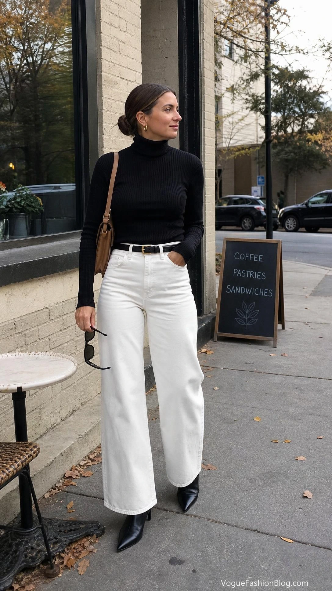 Woman outside a café in a black turtleneck and wide-leg denim, showing white jeans after Labor Day outfits for autumn.